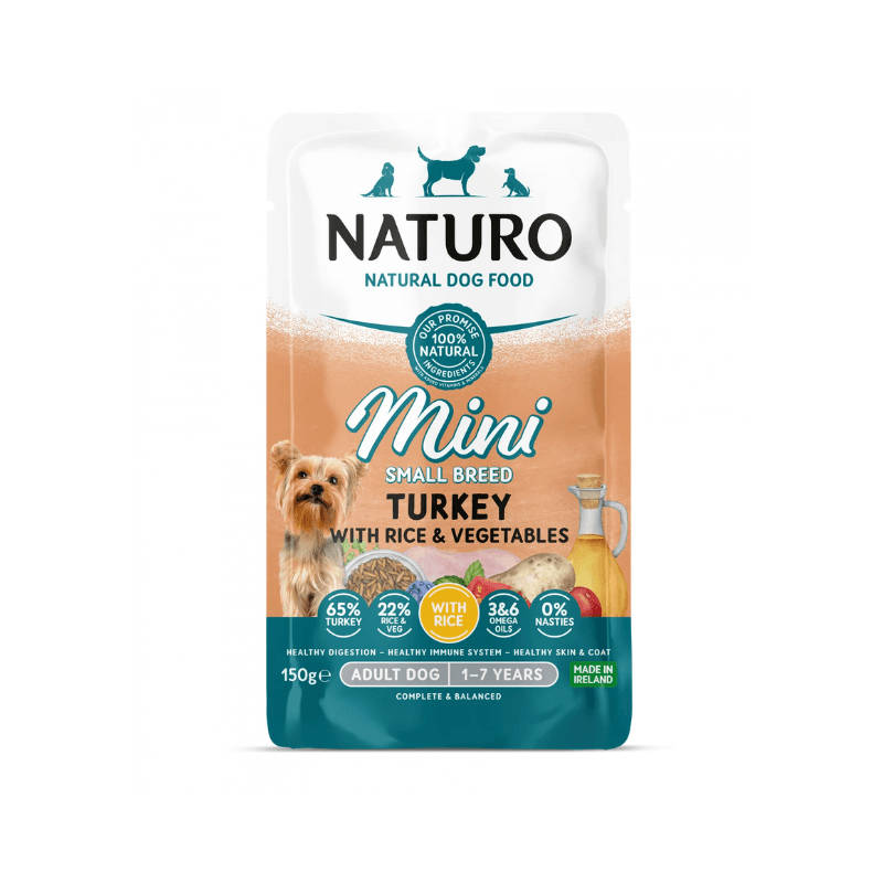 Pouch Naturo Dog Adult Mini cu Carne de Curcan si Orez