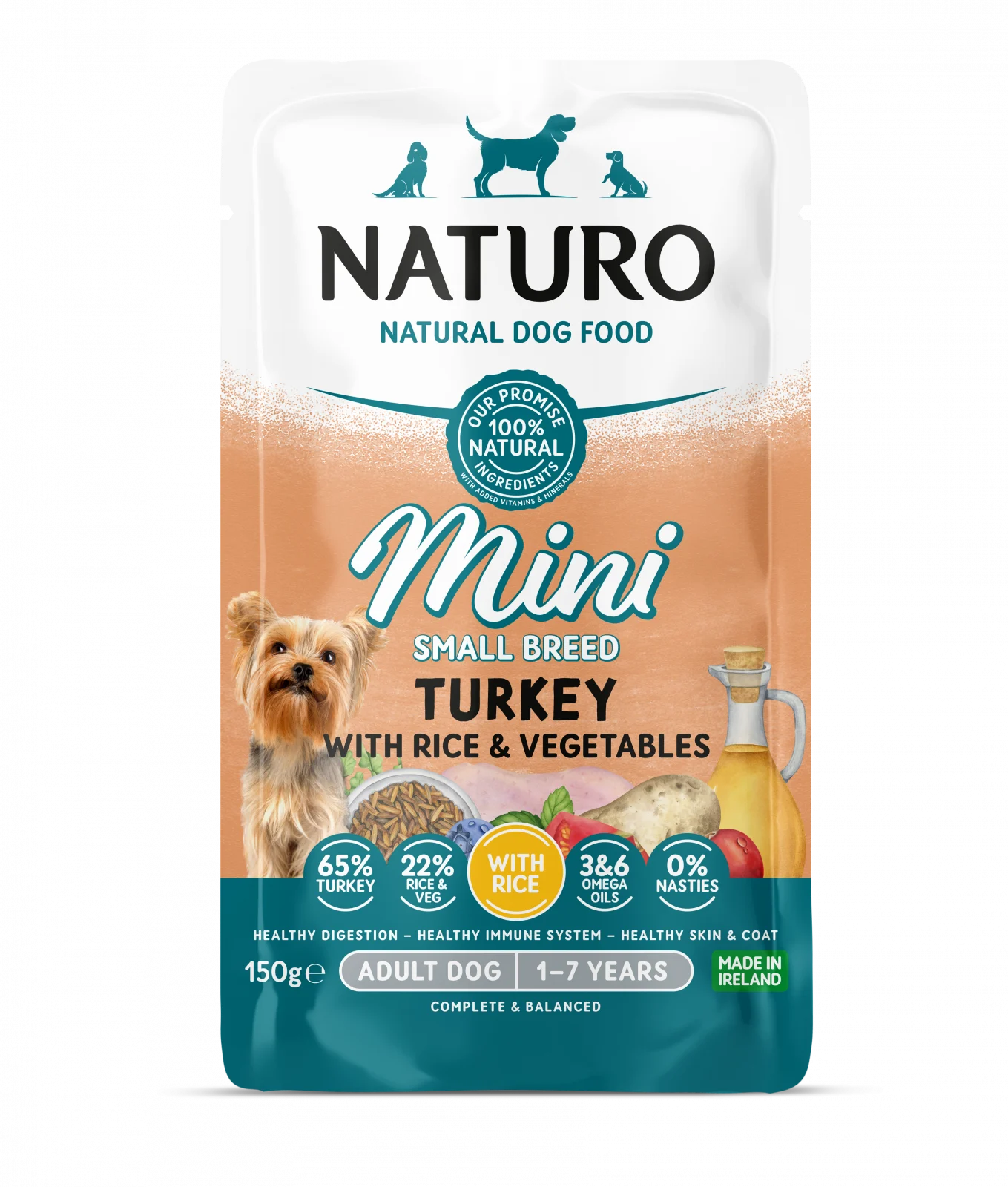 Pouch Naturo Dog Adult Mini cu Carne de Curcan si Orez 150 Gr